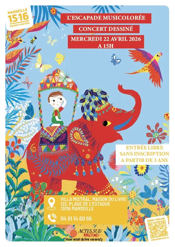 affiche très colorée avec un personnage sur le dos d'un éléphant rouge