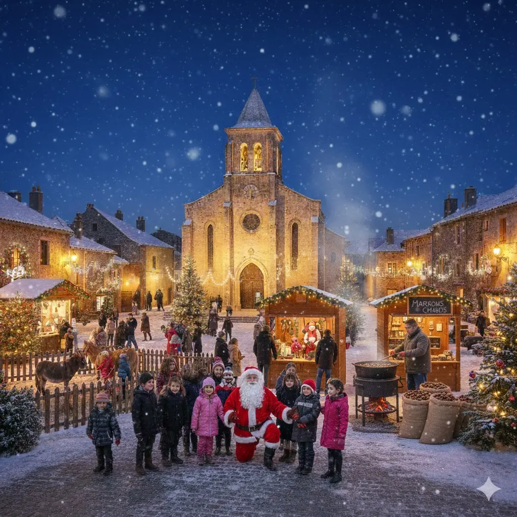 une eglise eclairée, avec un pere noel entouré d'enfants, un stande marrons chaud et unparc aux ânes