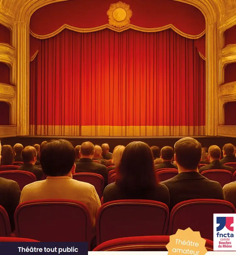 public dans une salle de théâtre de dos devant un rideau fermé