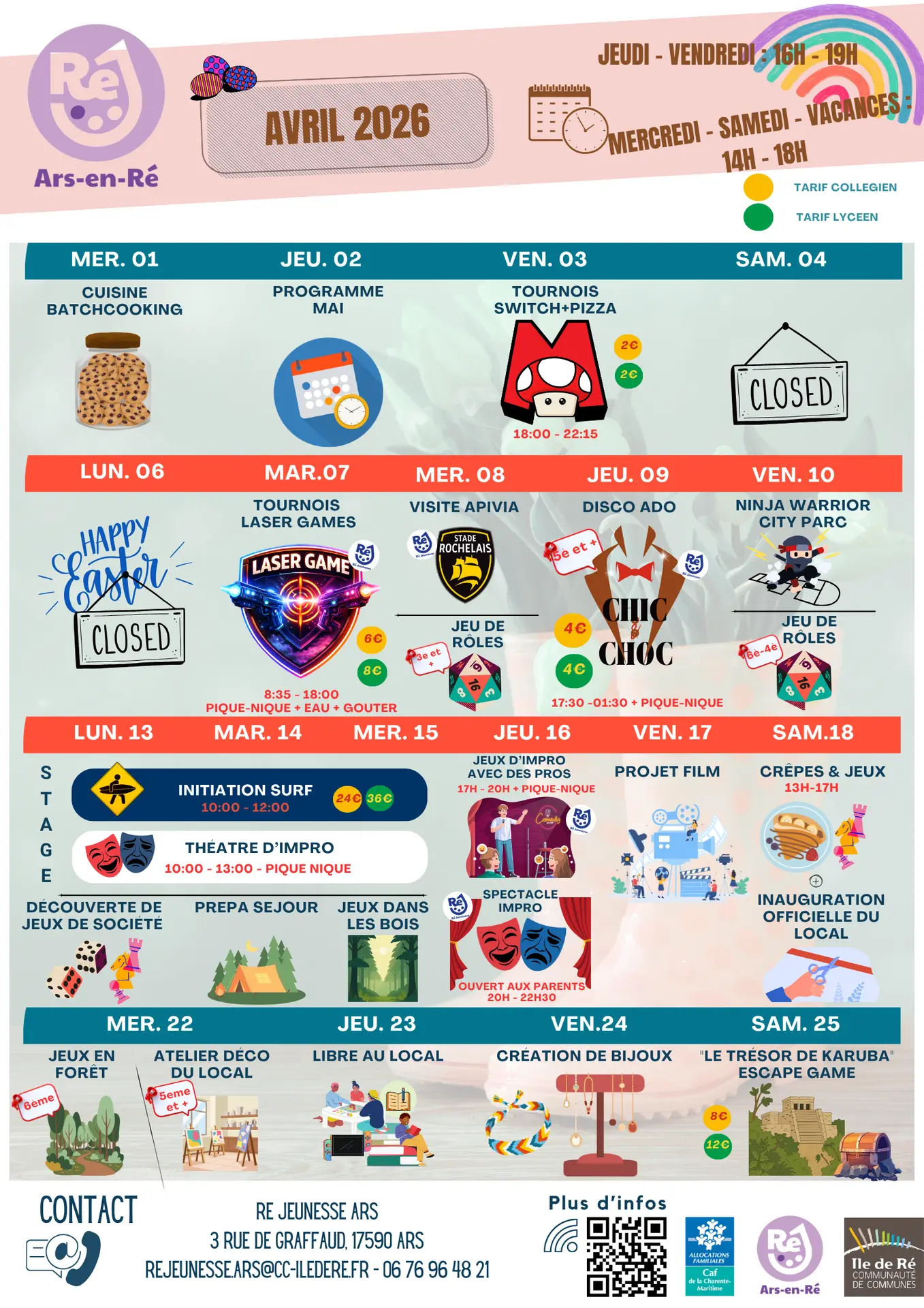 Animationsprogramm von Ré Jeunesse in Ars-en-Ré - April