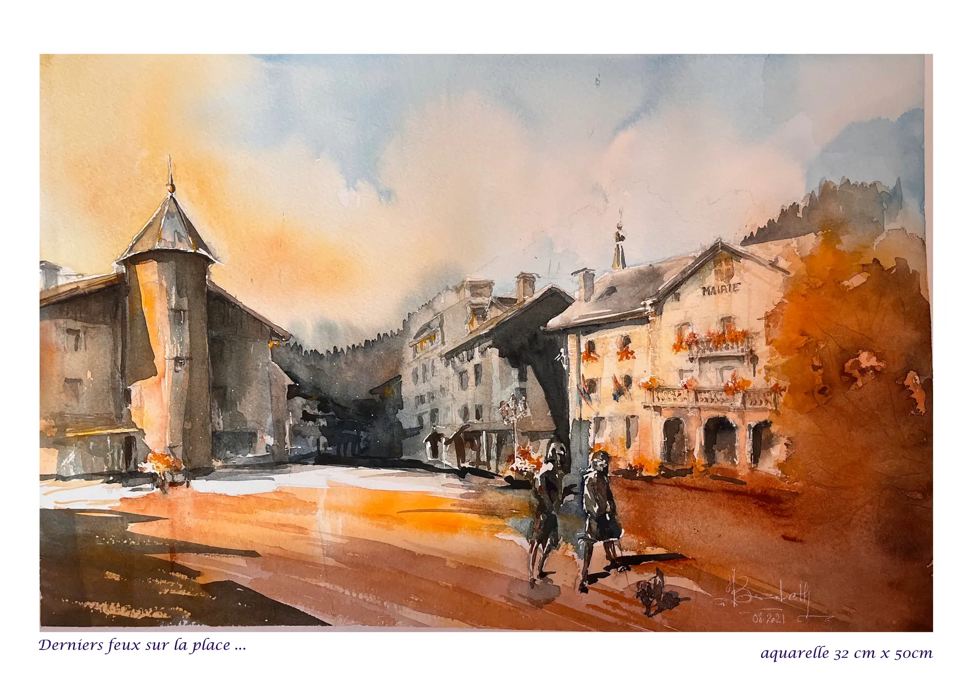 Derniers feux sur la place, aquarelle