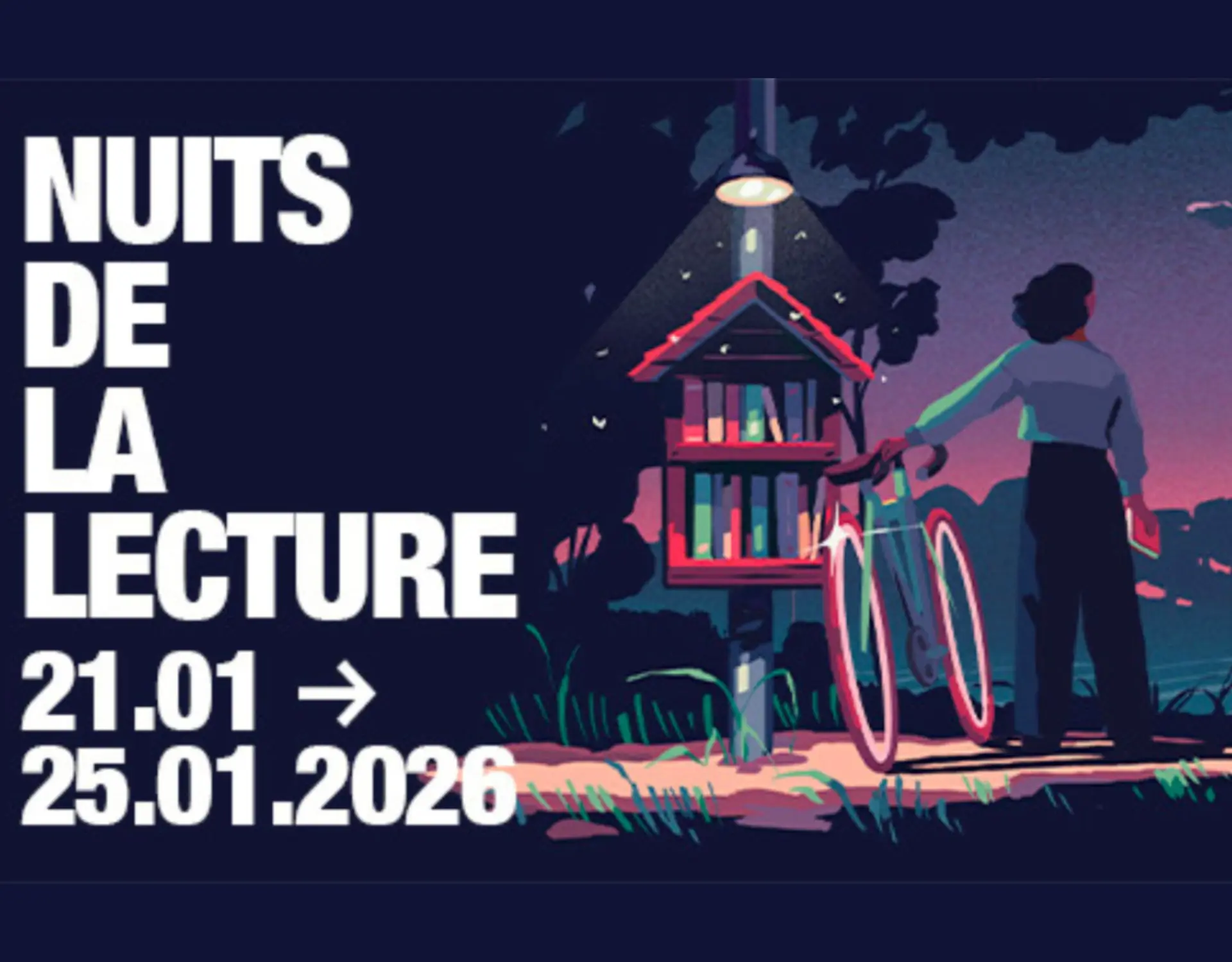 illustration woman and bike near a public bookcase by night