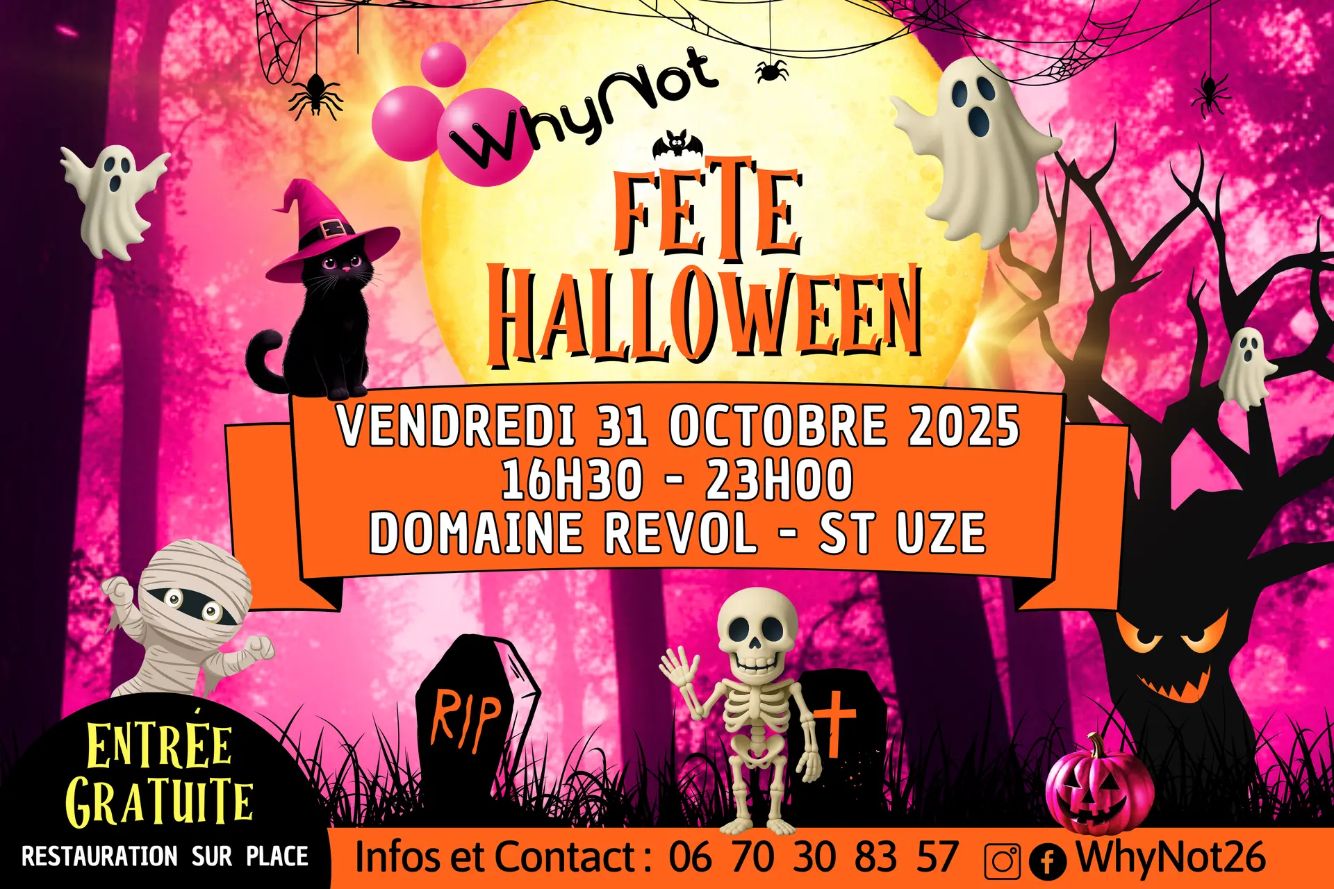 Illustration des activités de cette journée et soirée spéciale halloween avec de sfantômes, des chats noir, squelettes...