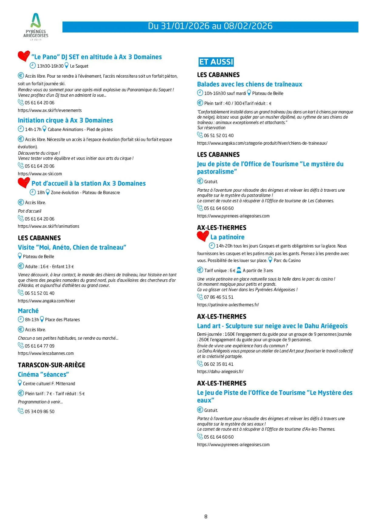 Du 31.01 au 08.02.Programme des Animations & Activités