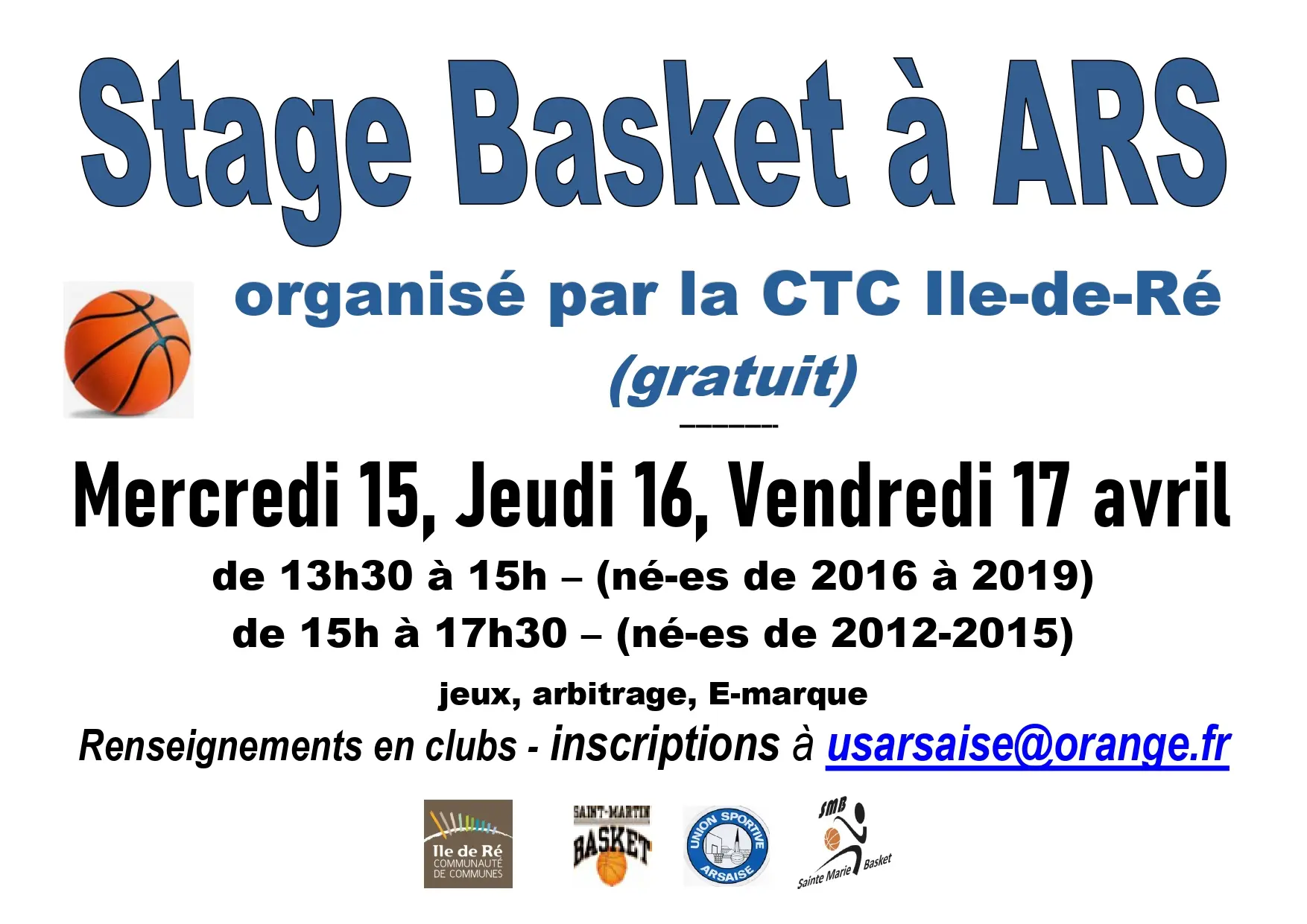 Cartel del clinic de baloncesto de Ars-en-Ré