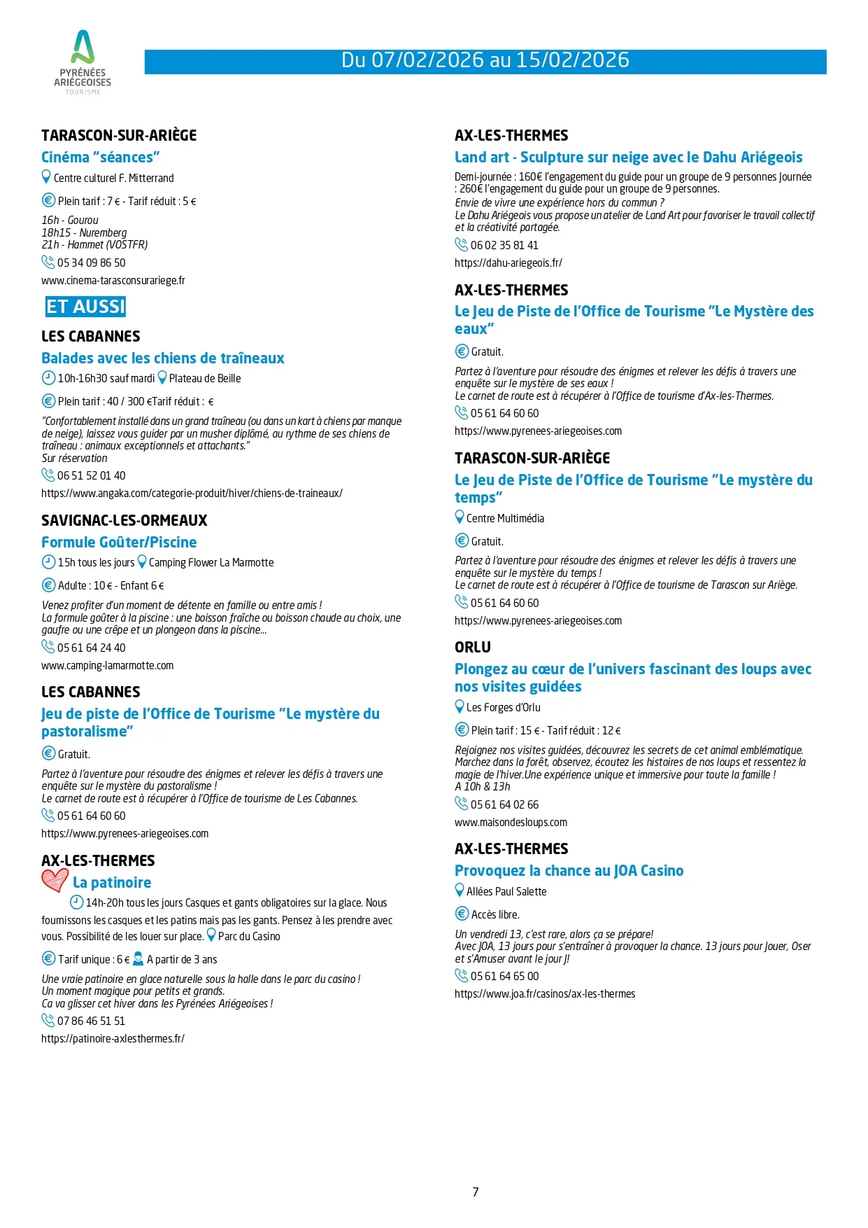 Du 07 au 15.02.Programme Animations & Activités