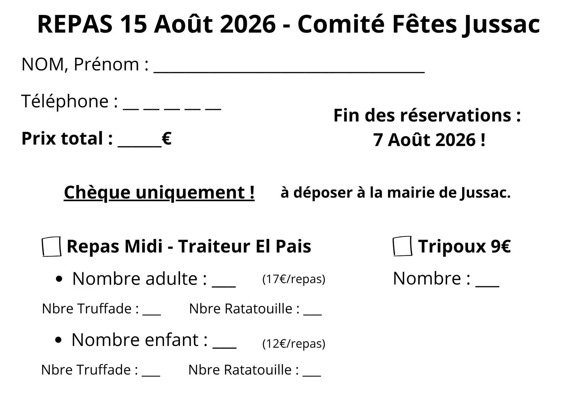 Bulletin d'inscription repas