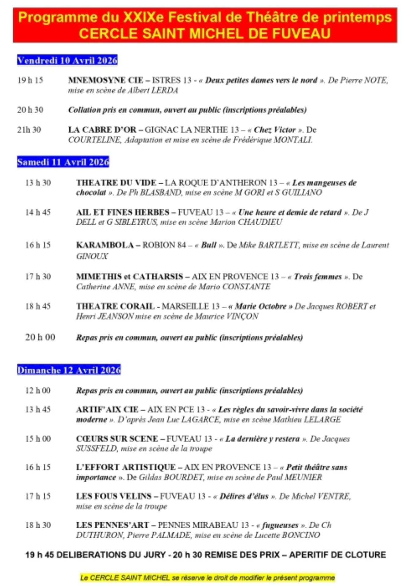 Programme du Festival de printemps