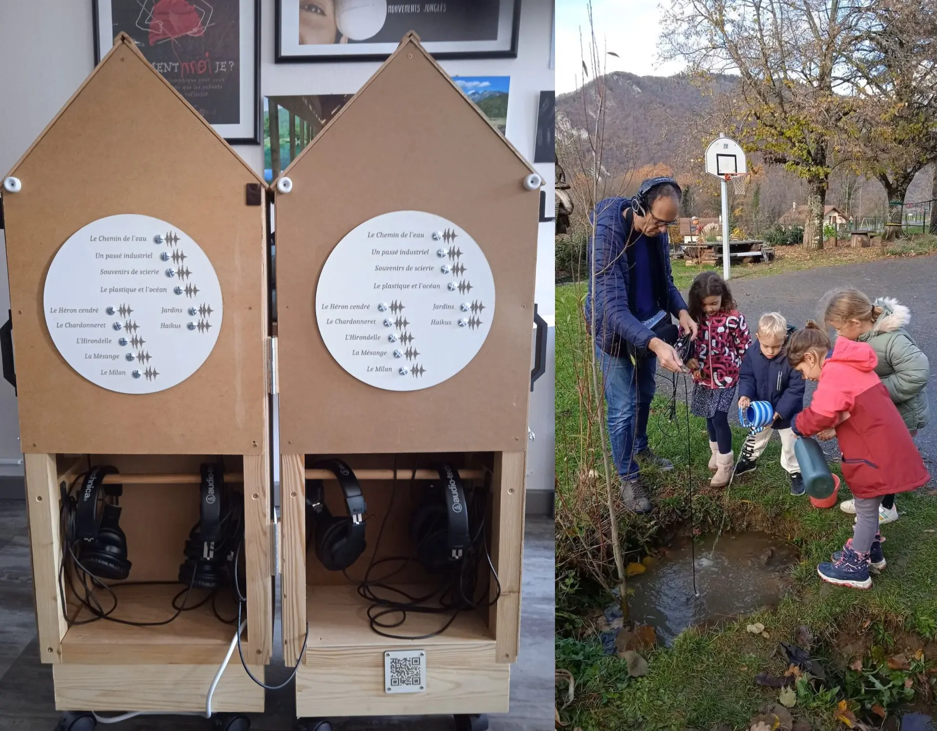 cabane à histoires et enfants enregistrant le bruit de l'eau