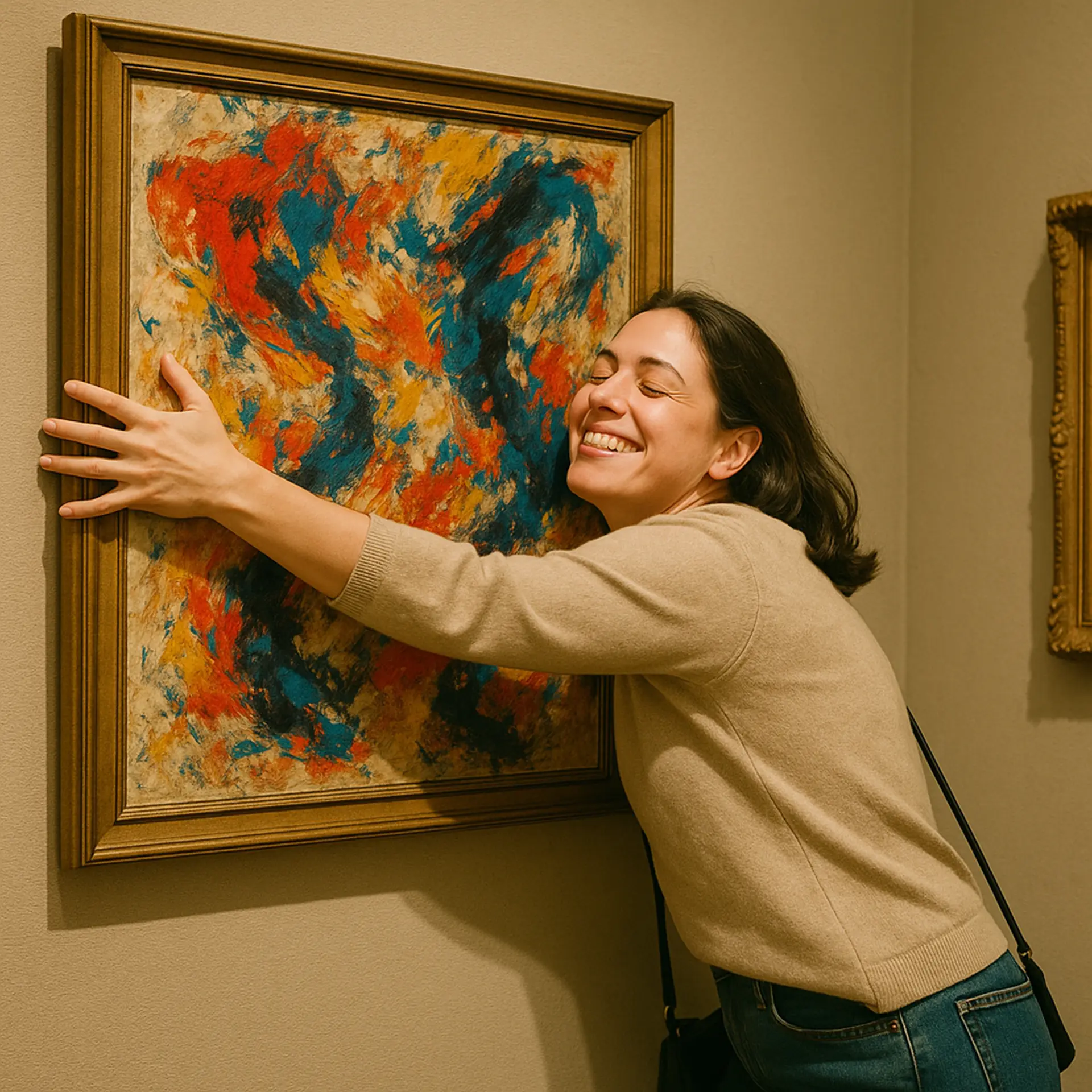 Une femme enlaçant un tableau