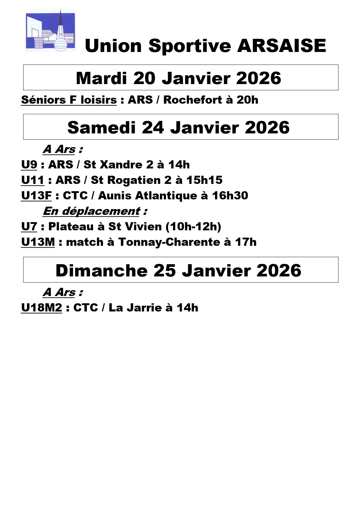 Affiche des matchs de basket - Union Sportive Arsaise