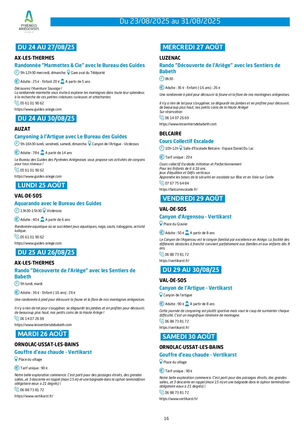Du 23 au 31.08.Programme Animations & Activités.