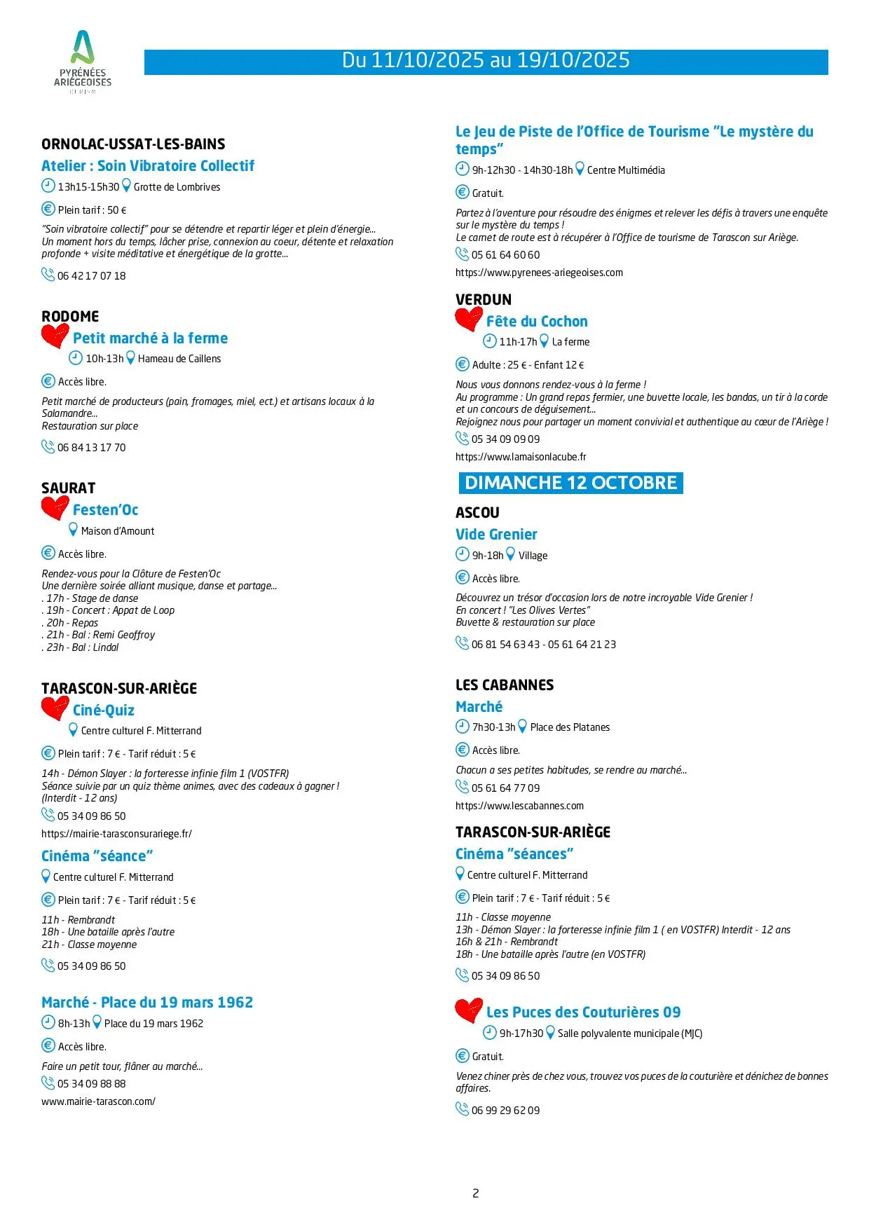 Du 11 au 19.10.25. Programme des animations & activités