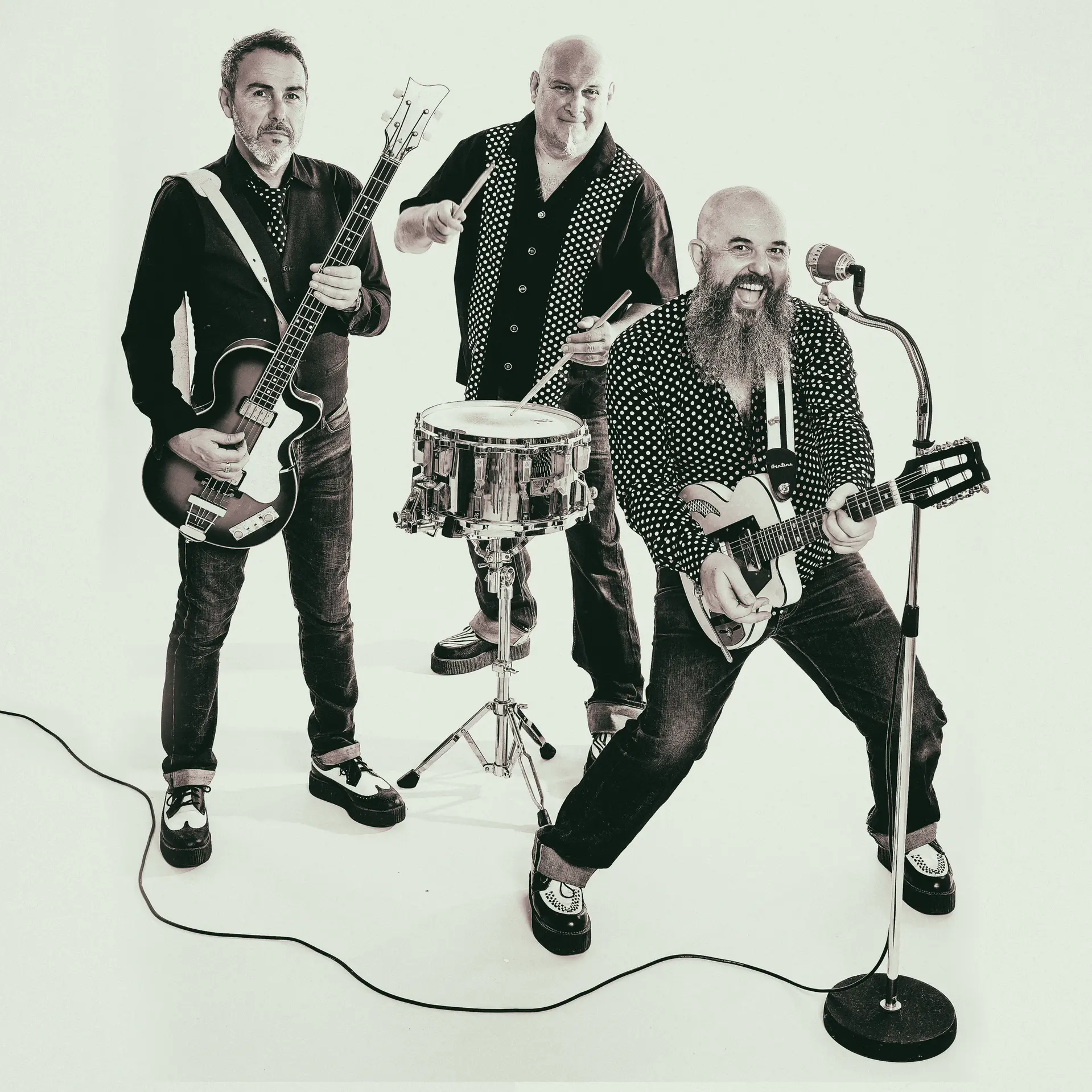 La photo montre trois musiciens souriants dans un style vintage : un guitariste-chanteur en avant, un bassiste à gauche et un batteur debout derrière une caisse claire, tous habillés de manière rétro, avec des chaussures bicolores et des chemises à pois.