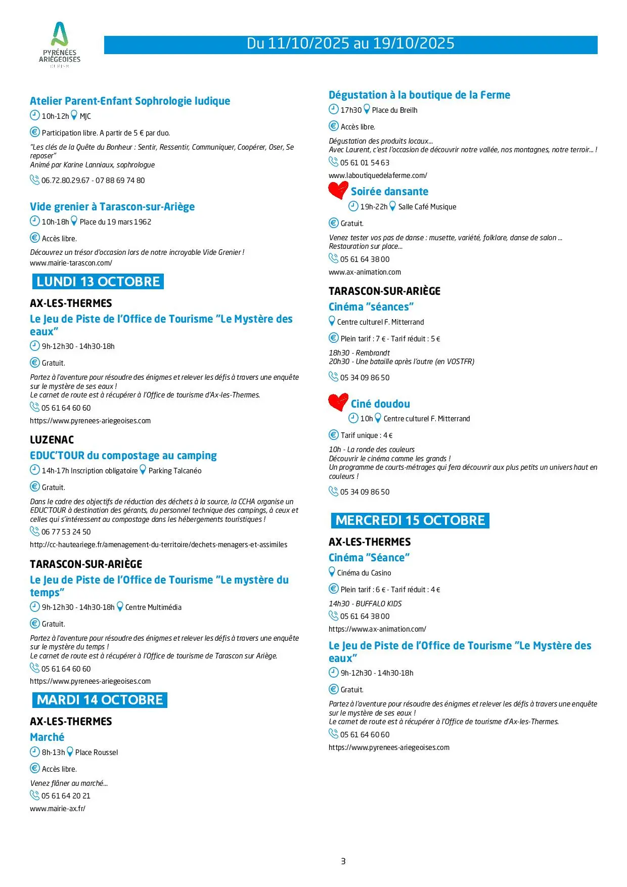 Du 11 au 19.10.25. Programme des animations & activités