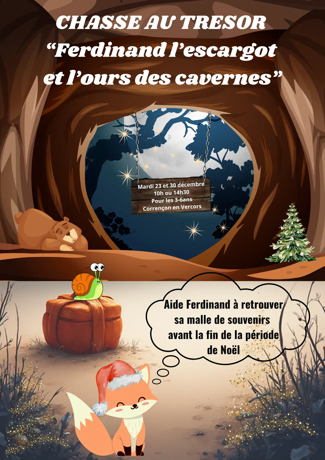 Une affiche avec un escargot, un renard et un ours qui dort dans une caverne