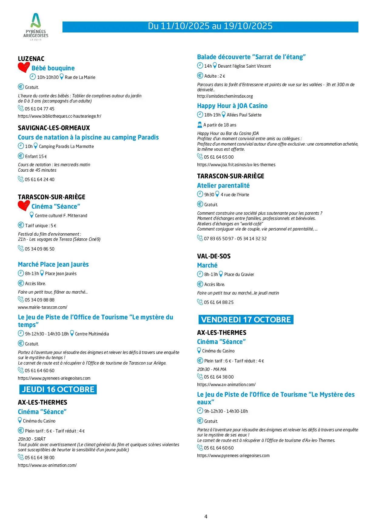 Du 11 au 19.10.25. Programme des animations & activités