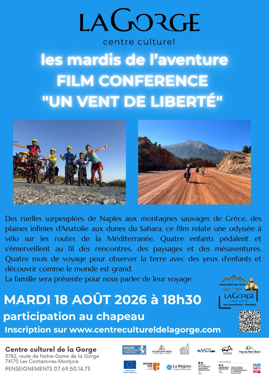 Projection du film «Un vent de liberté» : l’odyssée d’une famille en vélo autour de la méditerranée au Centre Culturel de la Gorge_Les Contamines-Montjoie