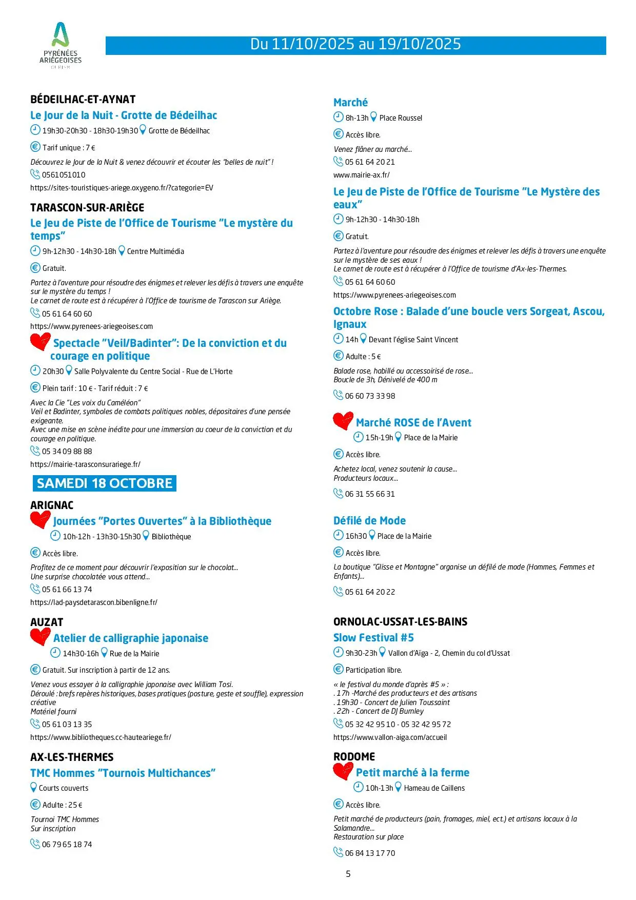 Du 11 au 19.10.25. Programme des animations & activités
