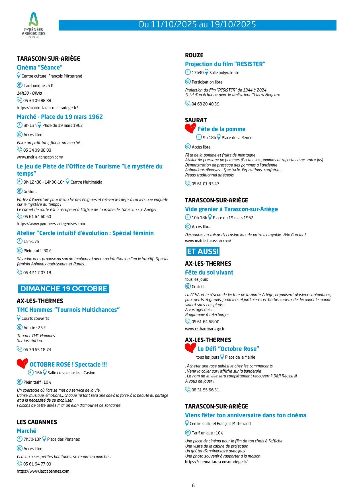 Du 11 au 19.10.25. Programme des animations & activités