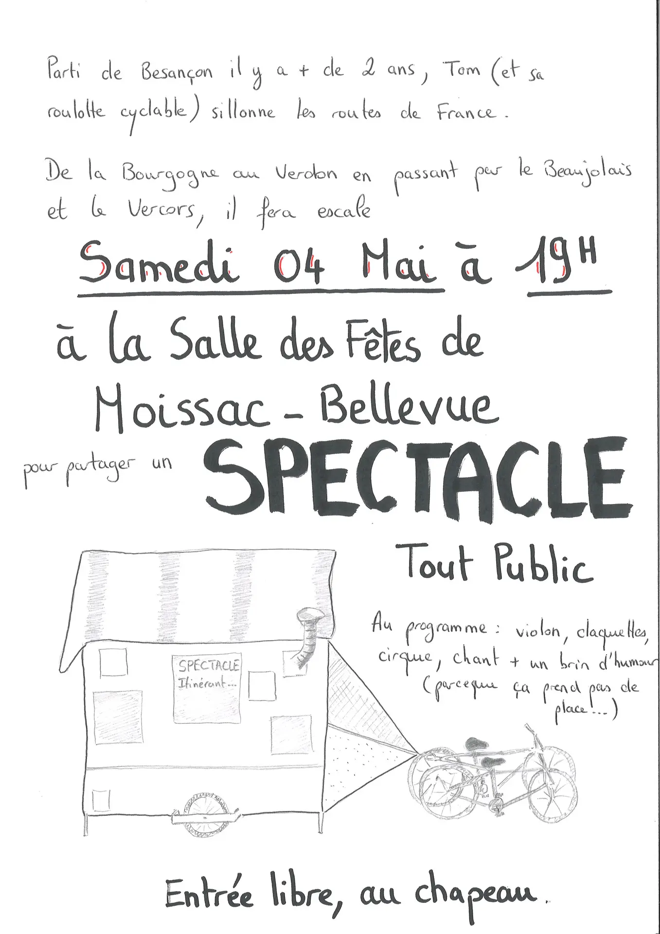 Spectacle 4 mai Tom et sa roulotte cyclable