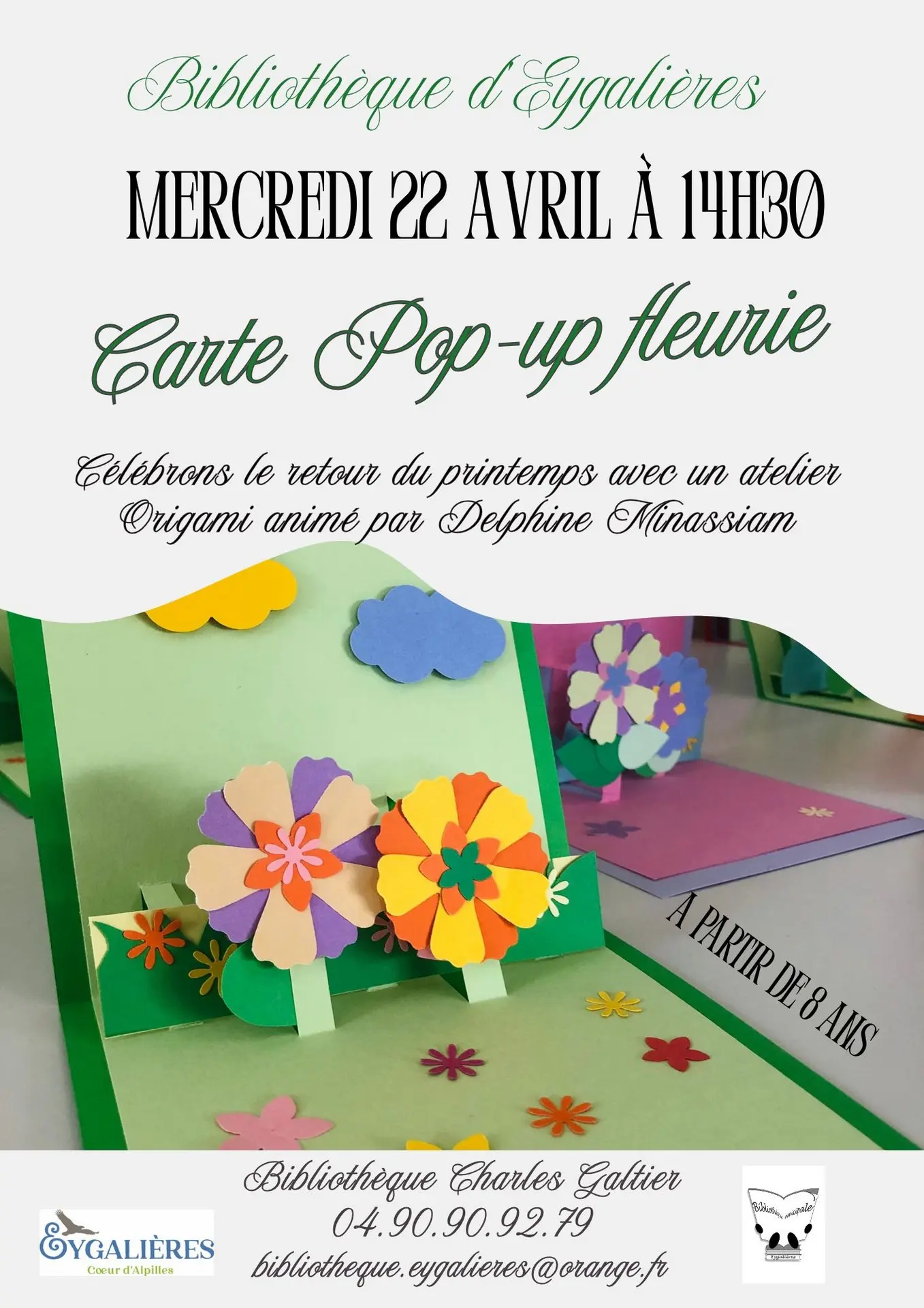Plakat Kinderworkshop „Pop-up-Karte“ in der Mediathek von Eygalières 22.04.26
