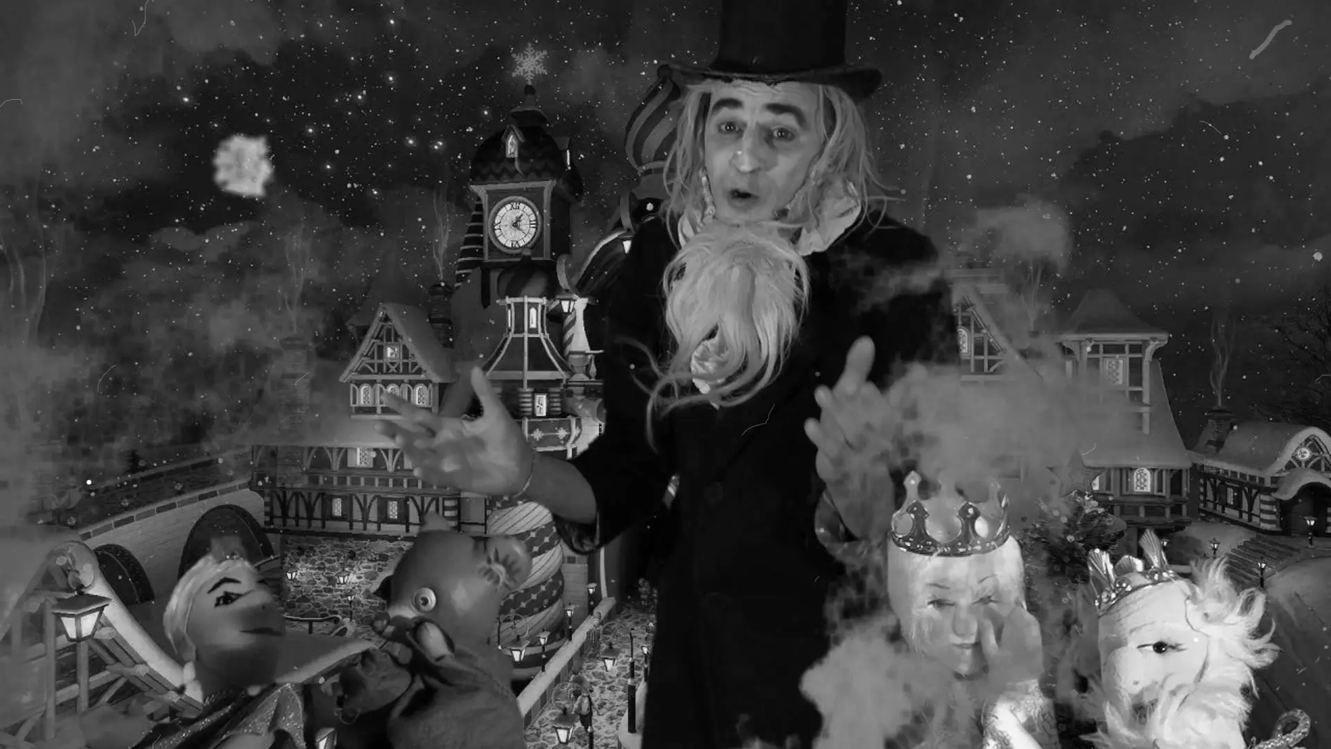 Image en noir et blanc d'un spectacle magique