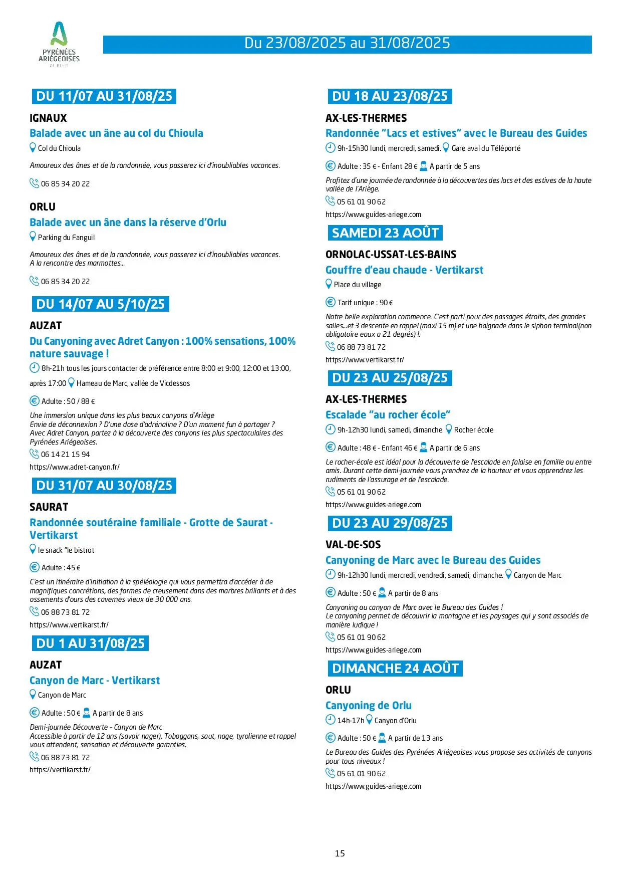 Du 23 au 31.08.Programme Animations & Activités.