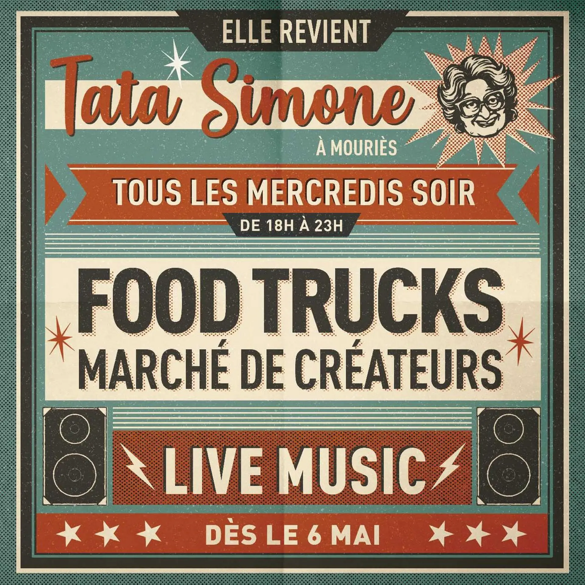 Plakat Künstlermarkt und Foodtrucks bei Chez Tata Simone in Mouriès 06.05 bis 30.09.26