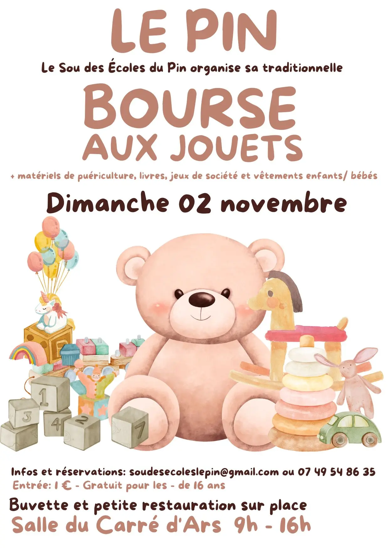 Dessin enfantin de peluches et jouets avec informations de l'évènement