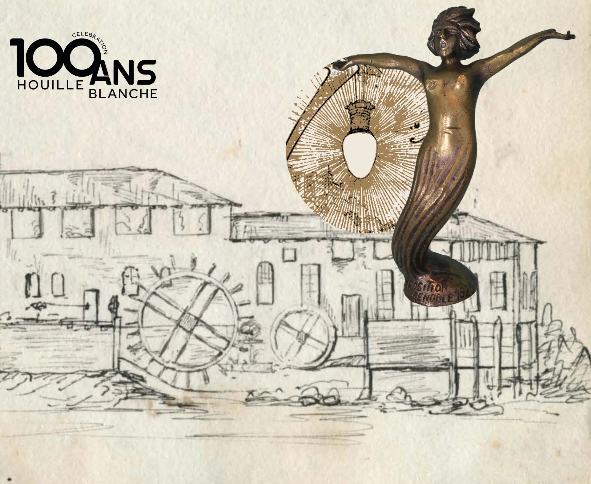 Dessin des roues hydrauliques et du moulin à papier des parents d'Aristide Bergès et statuette allégorique de la Houille blanche