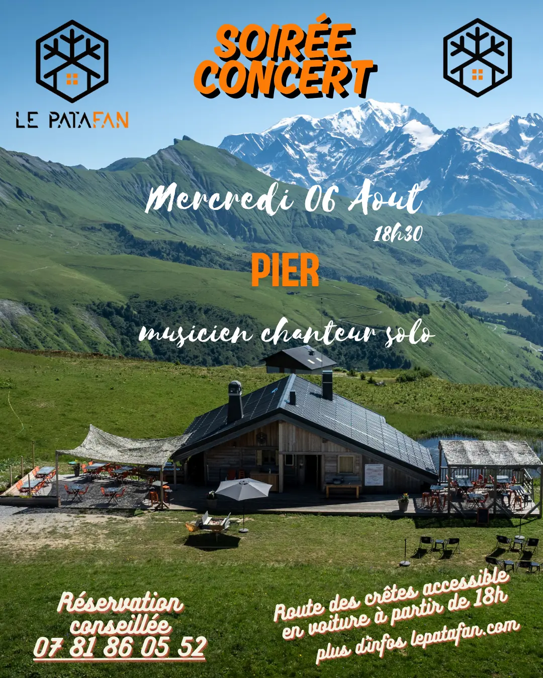 Refuge-restaurant devant alpages et Mont Blanc