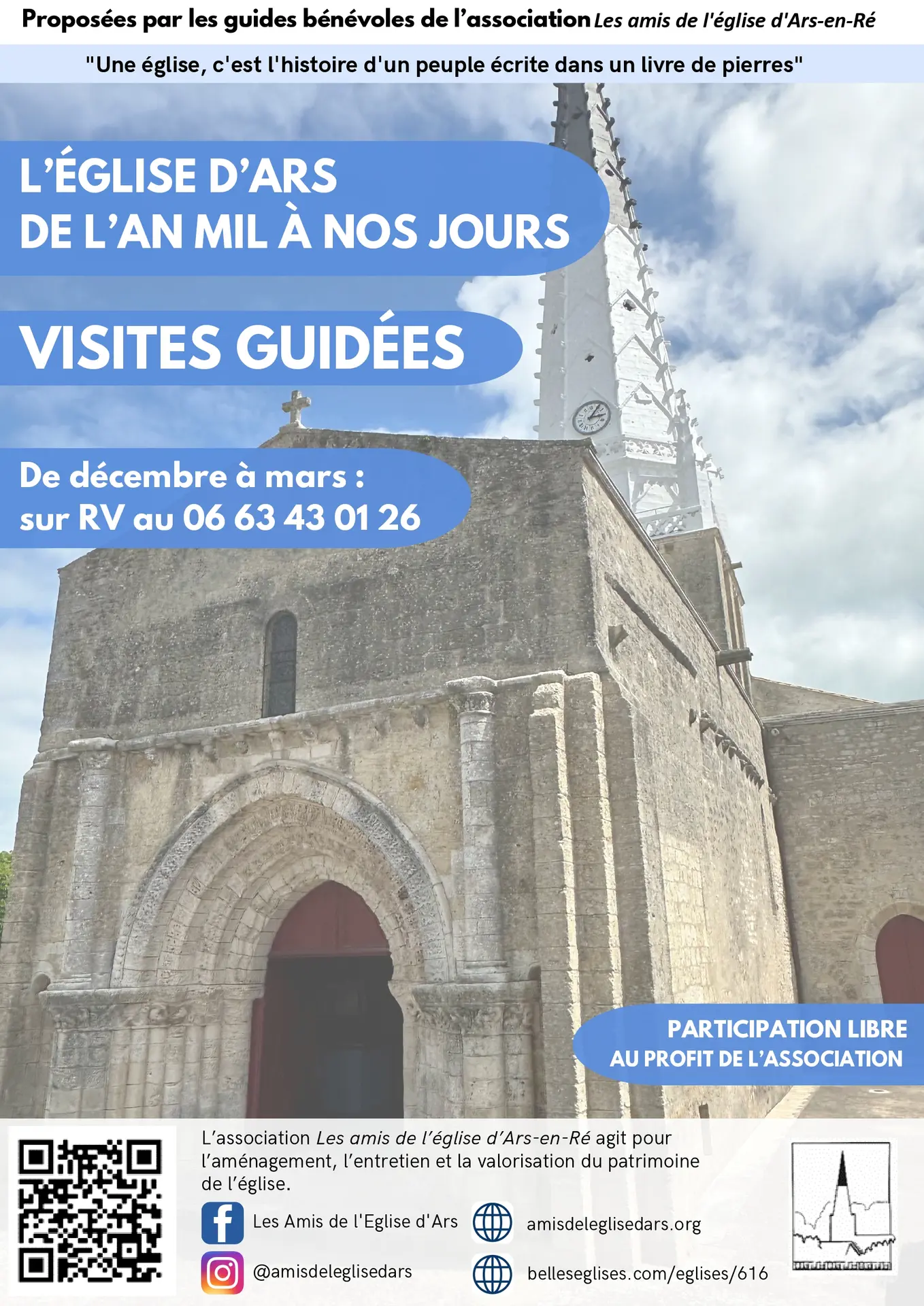Affiche de la visite guidée de l'église d'Ars-en-Ré de décembre à mars