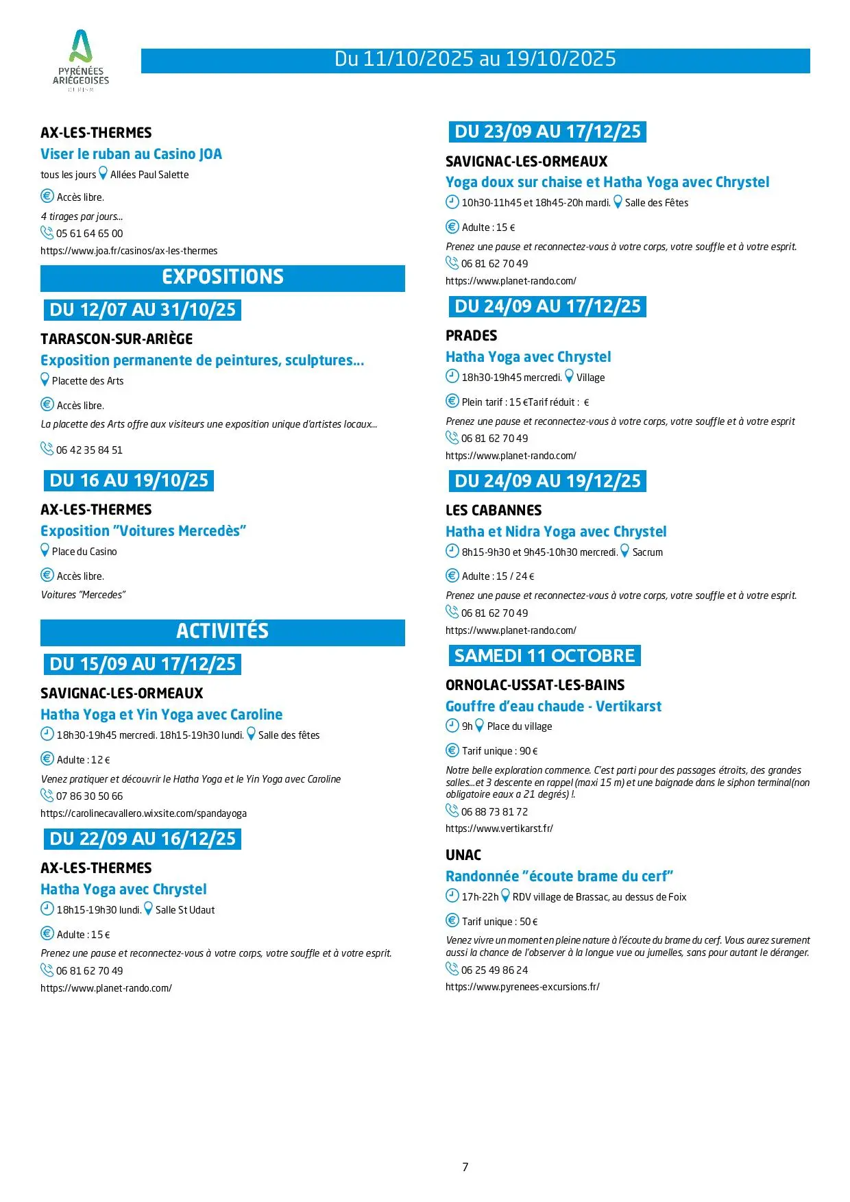Du 11 au 19.10.25. Programme des animations & activités