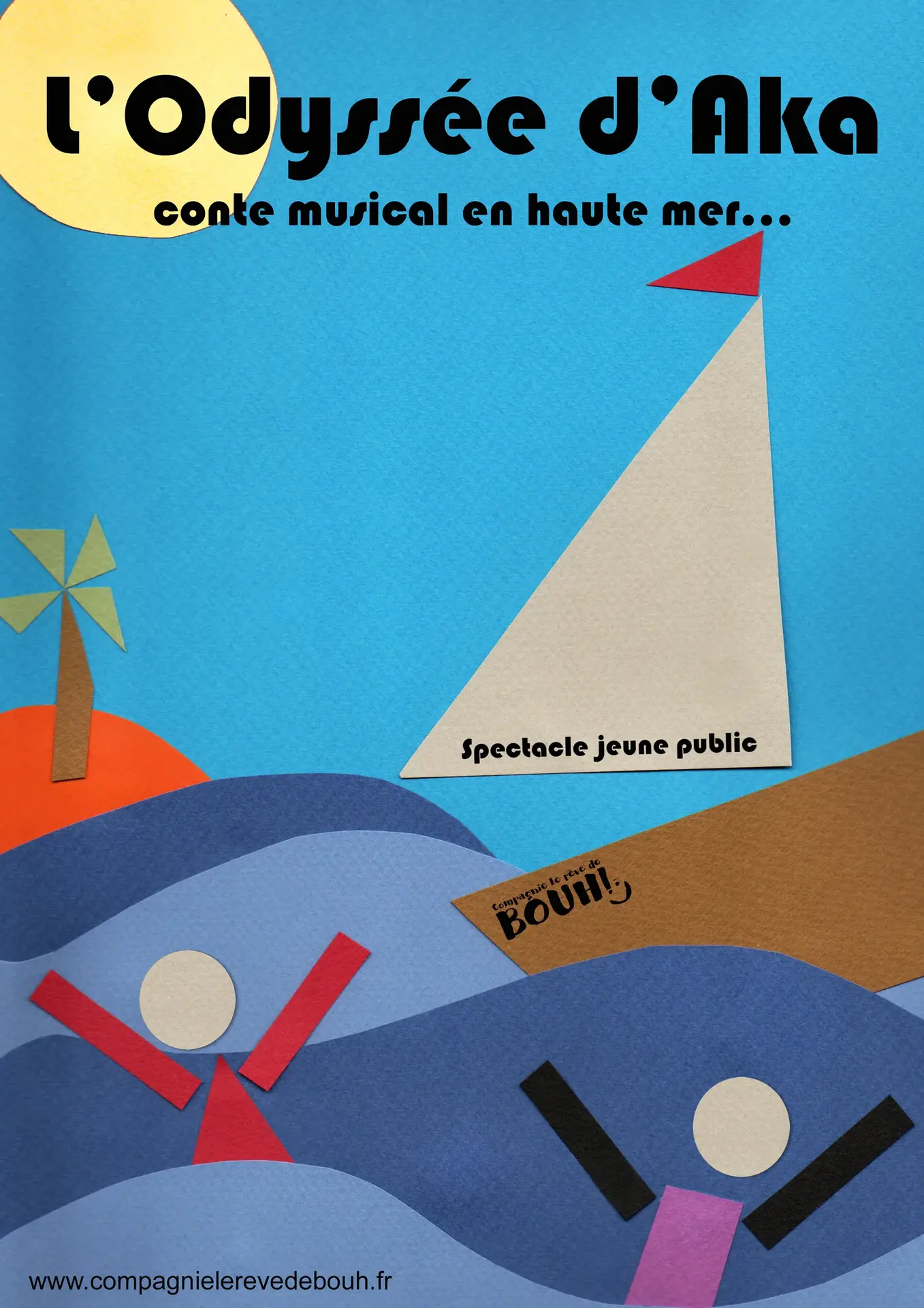 l'affiche présente un bateau et deux personnes en mer avec au fond une île avec un palmier