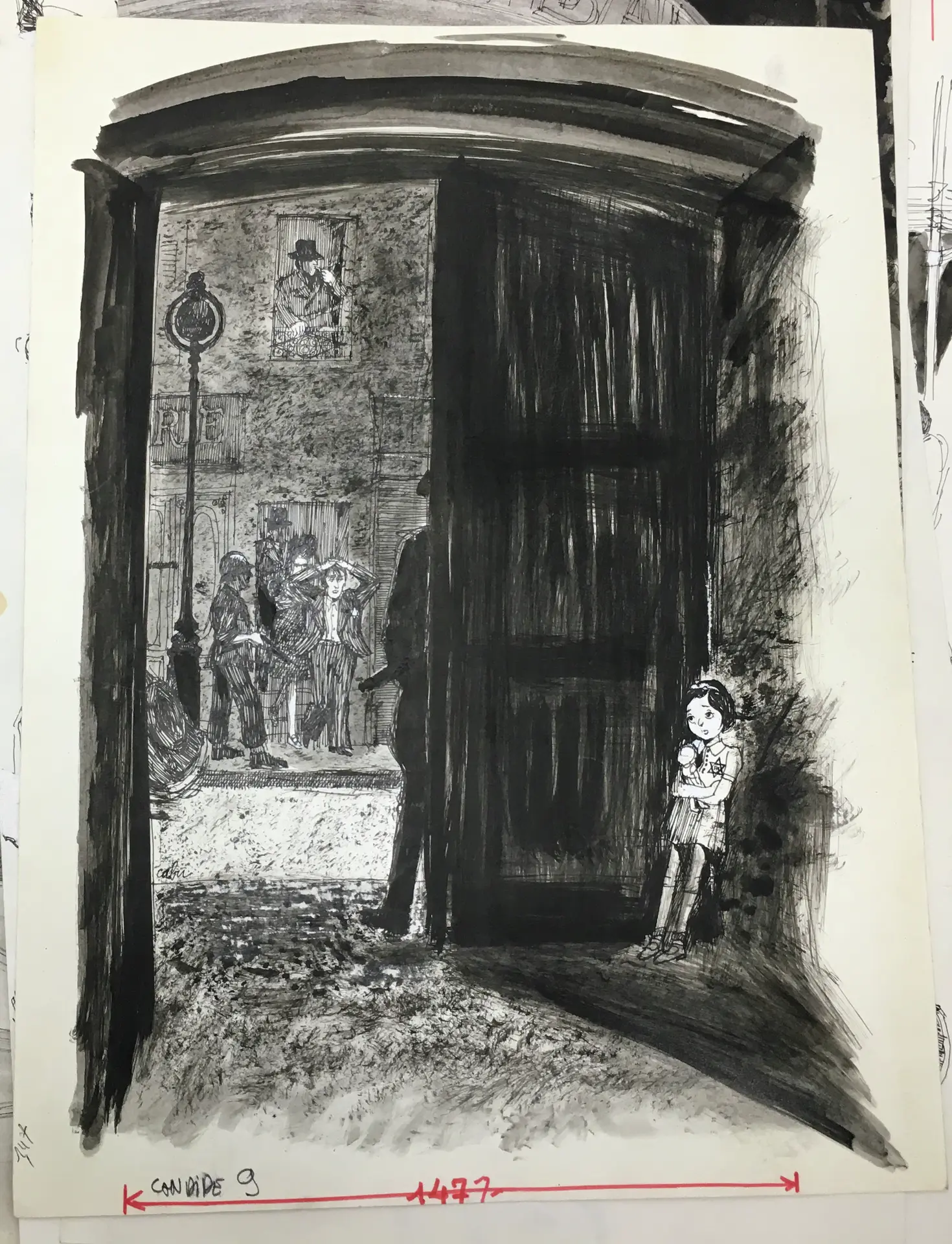 La petite fille derrière la porte. Cabu, 1967. Plume et encre de Chine sur papier. 29,9 x 40,3 cm.  Publié dans le n° 313 du Nouveau Candide. © V. Cabut.