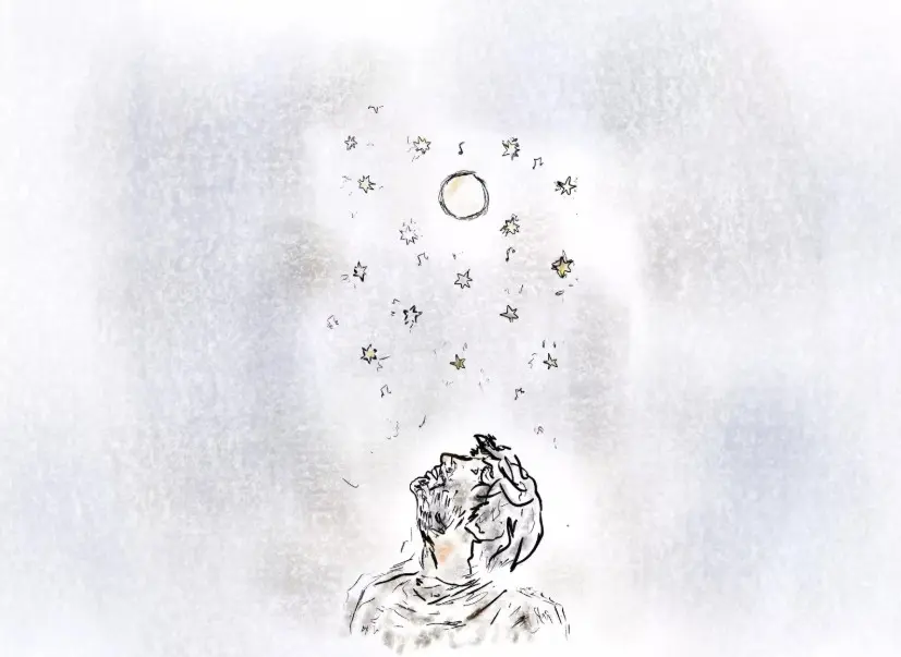 dessin d'un visage d'homme qui lève les yeux au ciel