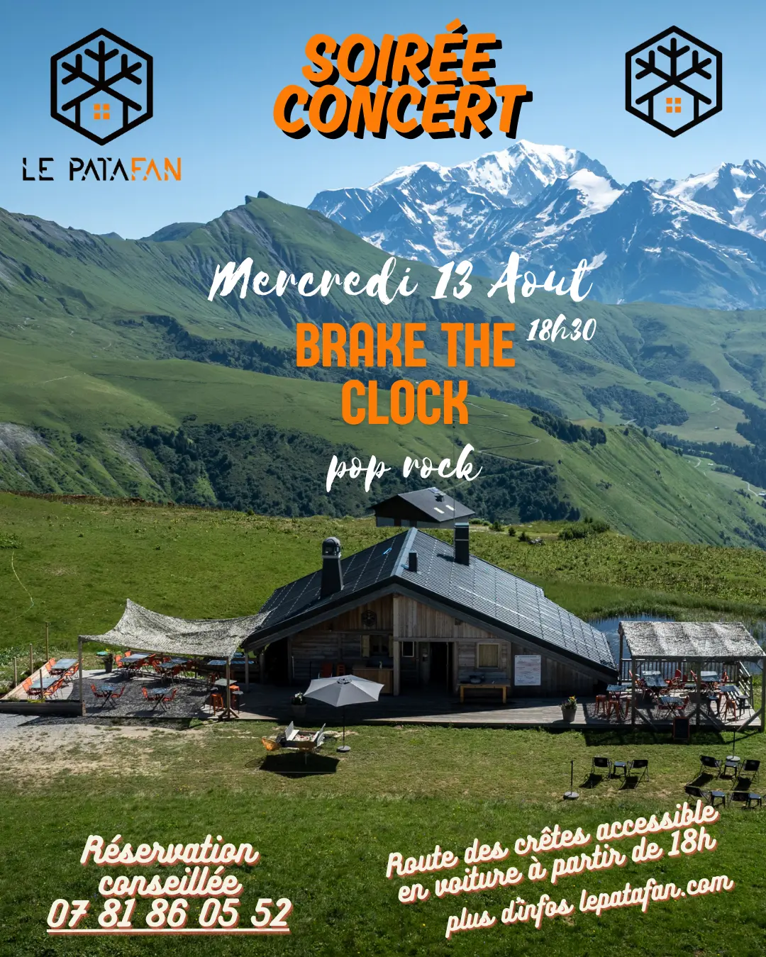 Refuge-restaurant devant alpages et Mont Blanc