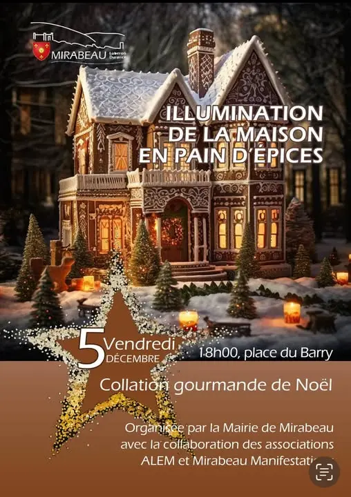Illuminations de Noël sur le thème de la maison en pain d’épice à Mirabeau_Mirabeau