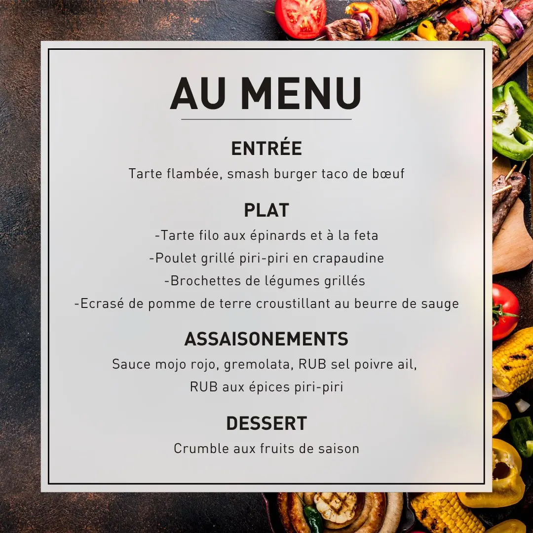 Menu du cours de cuisine