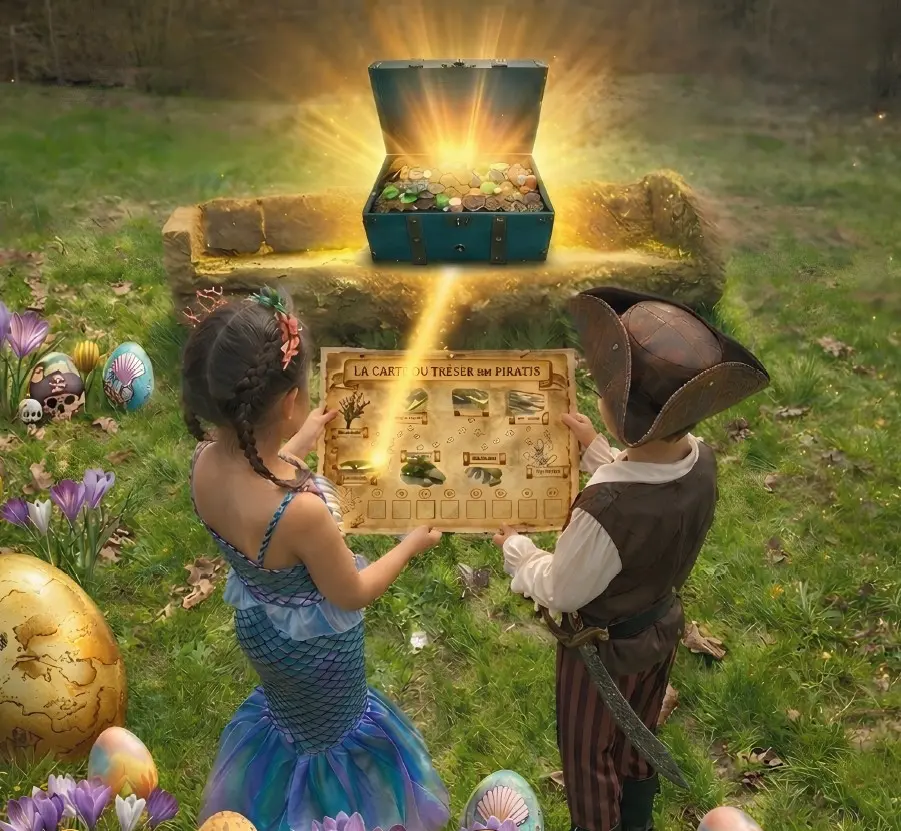 Une petit sirène et un petit pirate tiennent un parchemin devant un coffre au trésor.