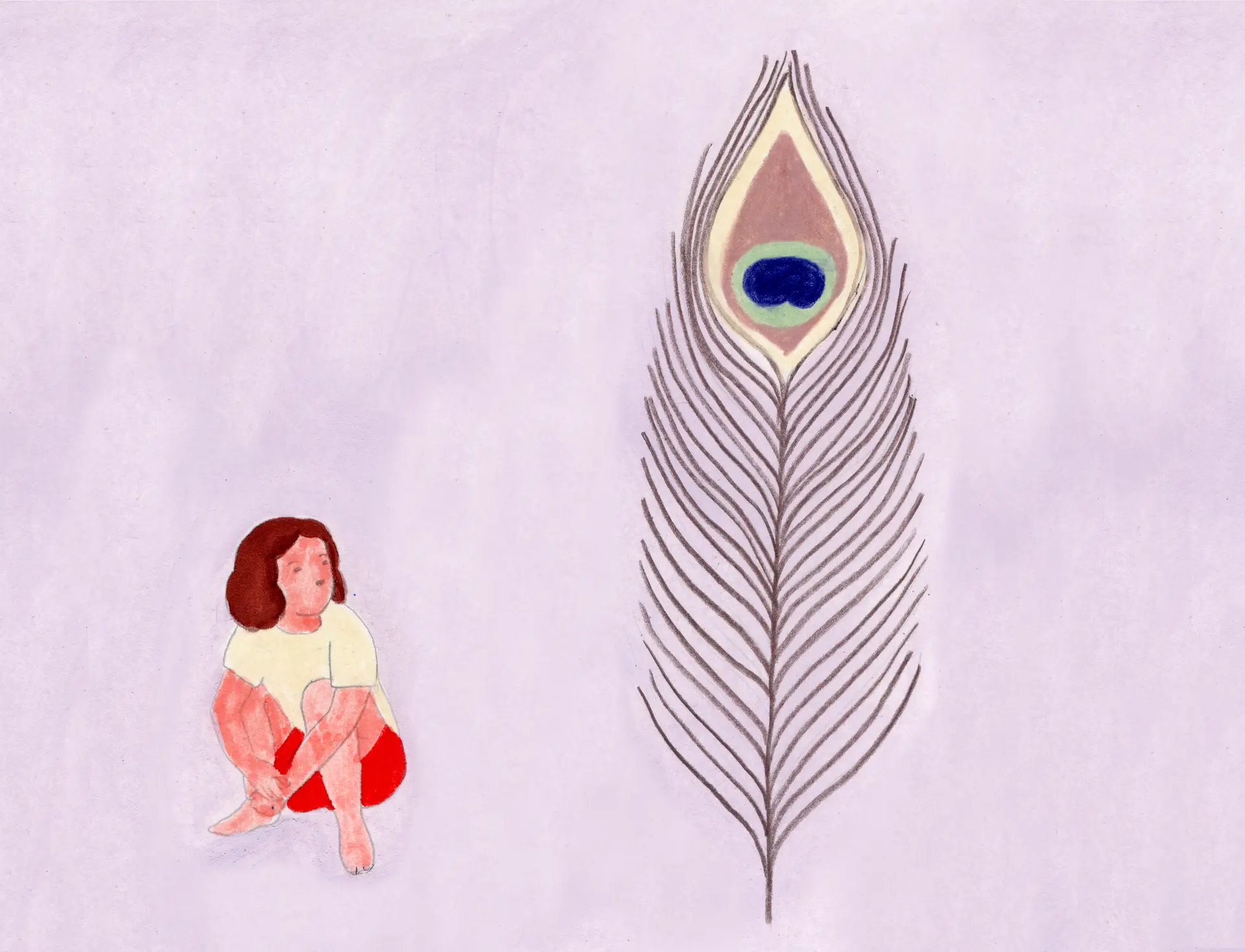 dessin d'un enfant accroupi à côté d'une plume de paon