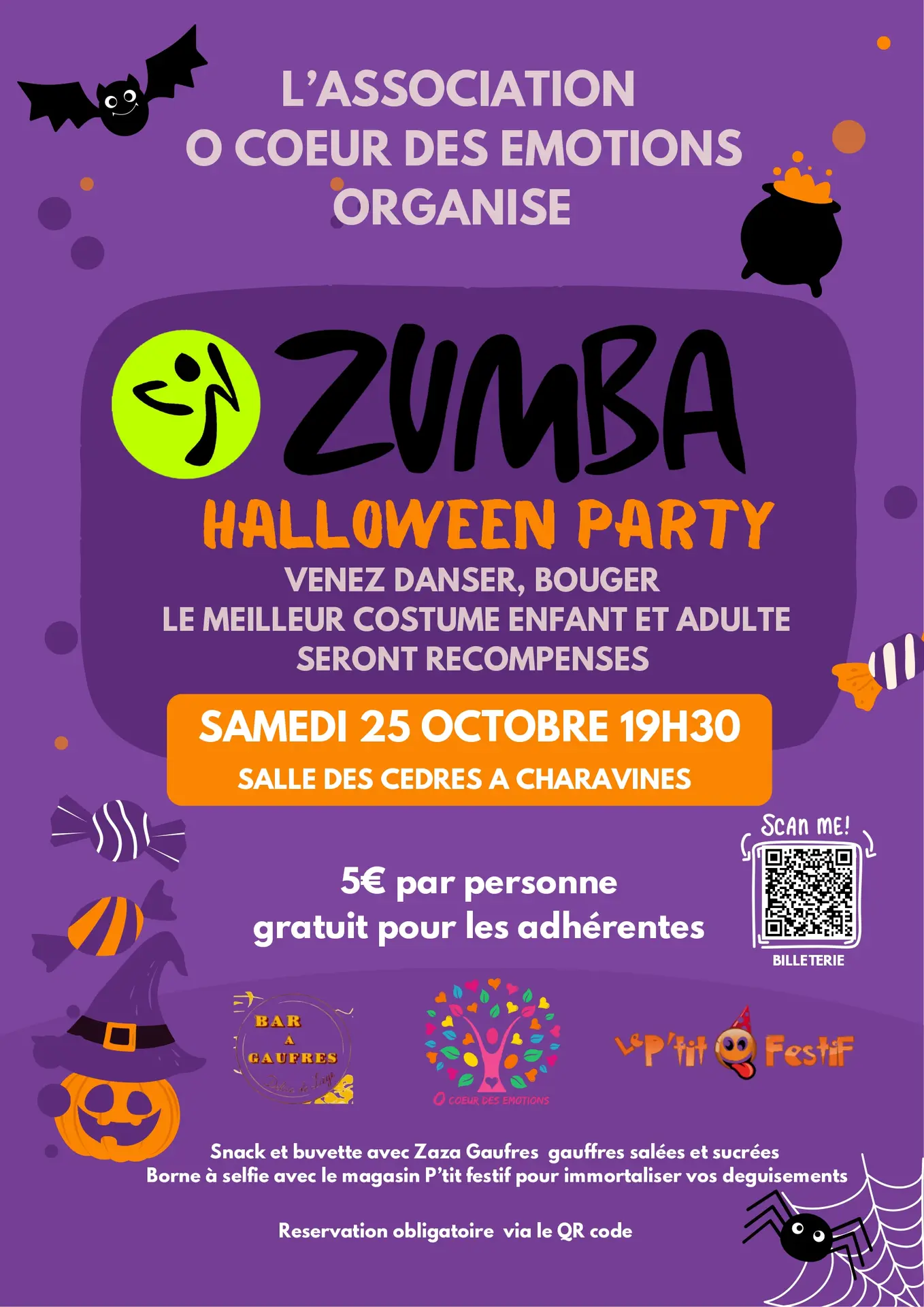 Affiche effrayante enfantine violette avec informations de l'évènement et dessins de citrouilles, chauve-souris, chaudrons et autres symboles d'halloween