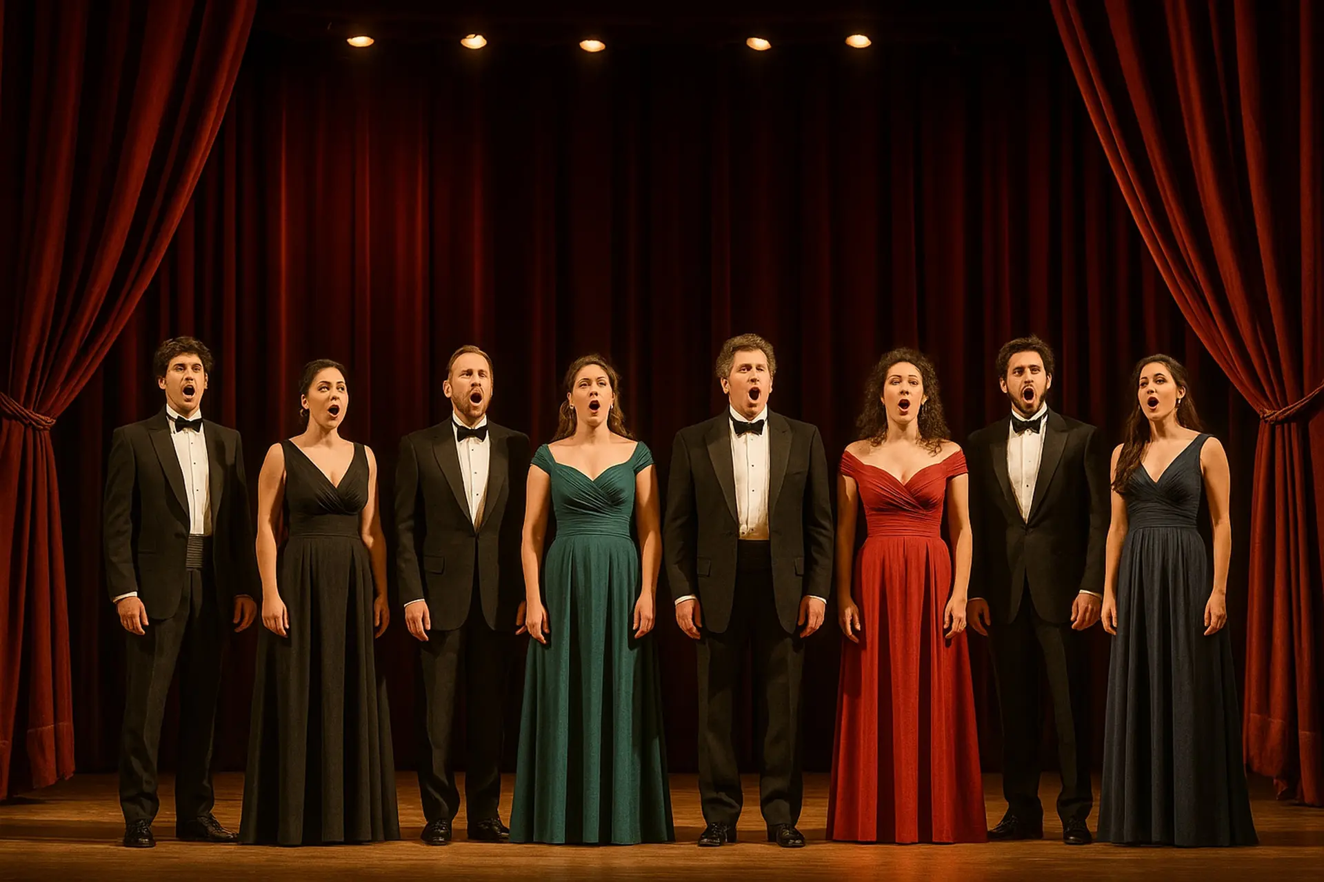 8 chanteurs d'opéra sur une scène de théâtre