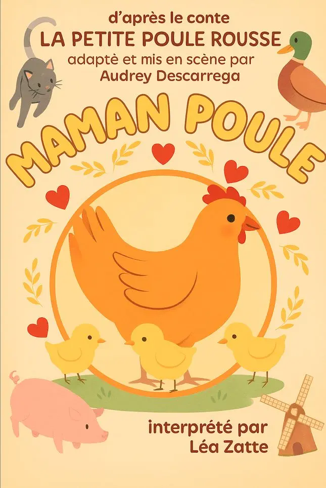 affiche avec une poule et des poussins en dessin