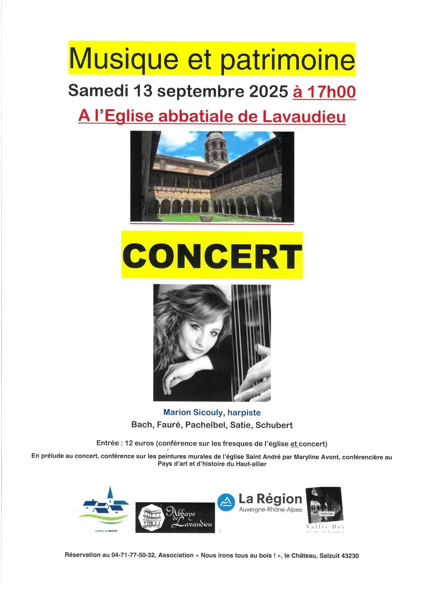 Concert « Voyage musical à travers les siècles », de Marion SICOULY, harpe et conférence  sur la découverte des peintures murales_Lavaudieu