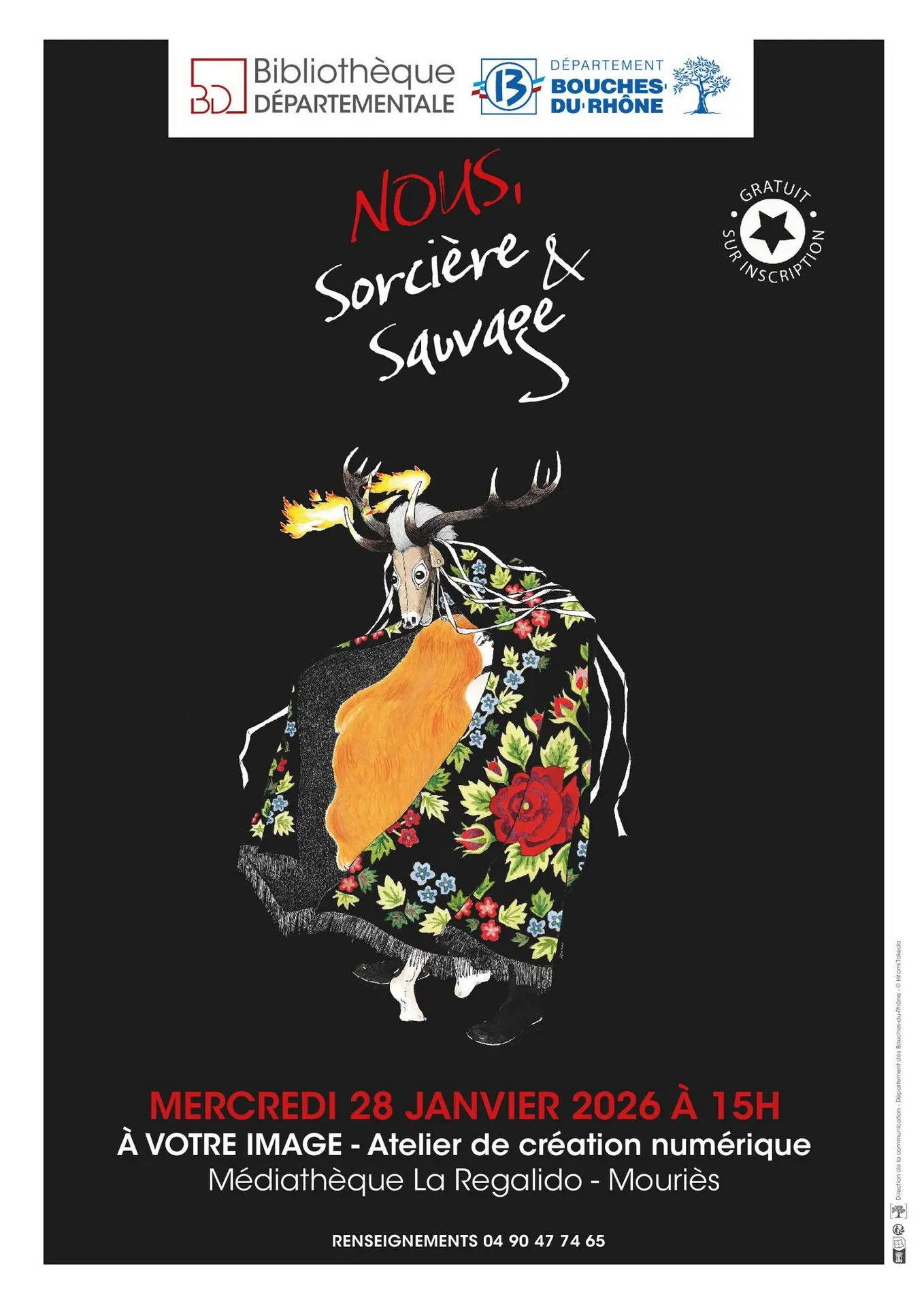 Plakat Wir, Hexen & Wilde: Digitaler Kreativworkshop „Nach Ihrem Bild“ in der Mediathek von Mouriès 28.01.26