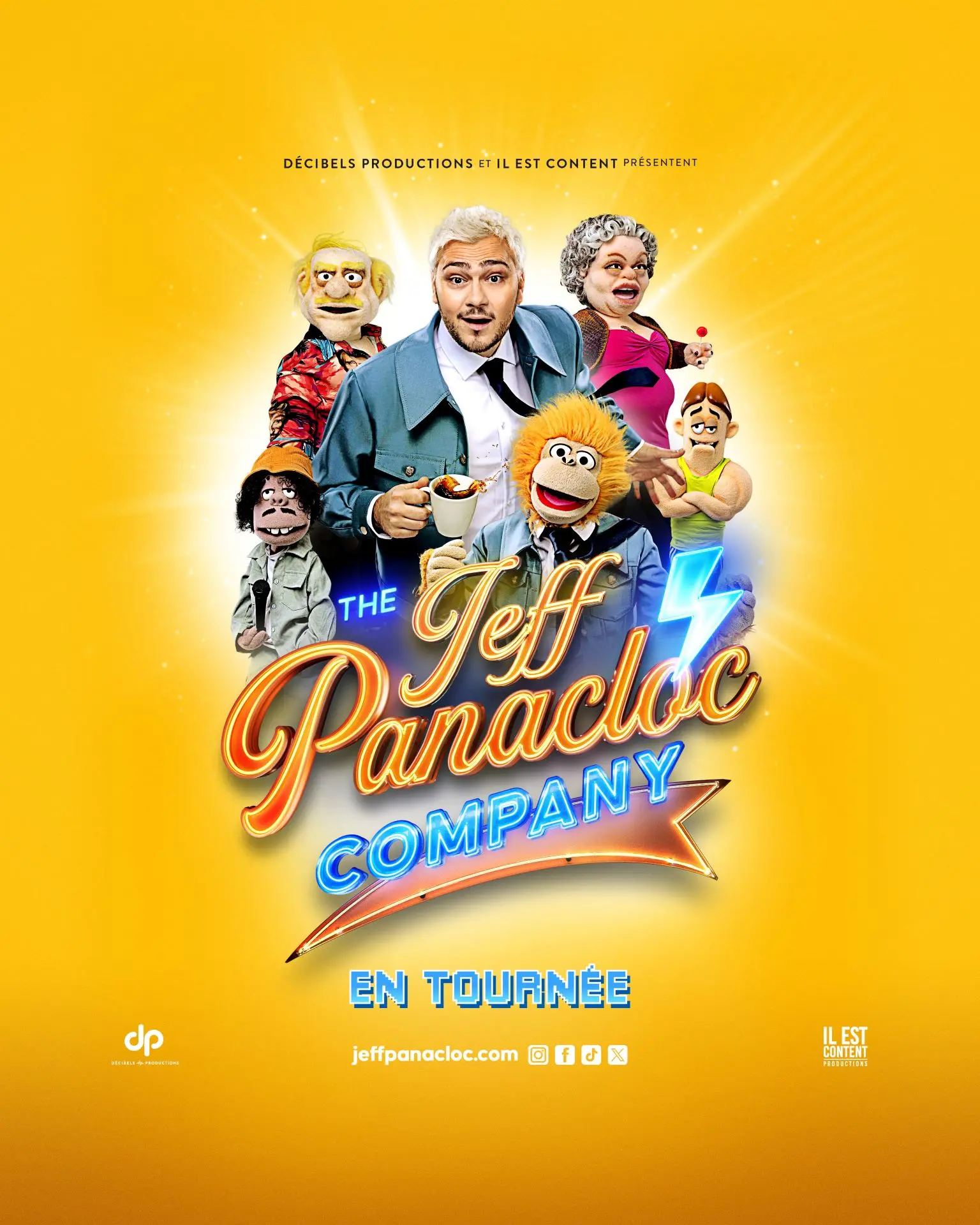 affiche sur fond jaune avec Jeff et des marionnettes