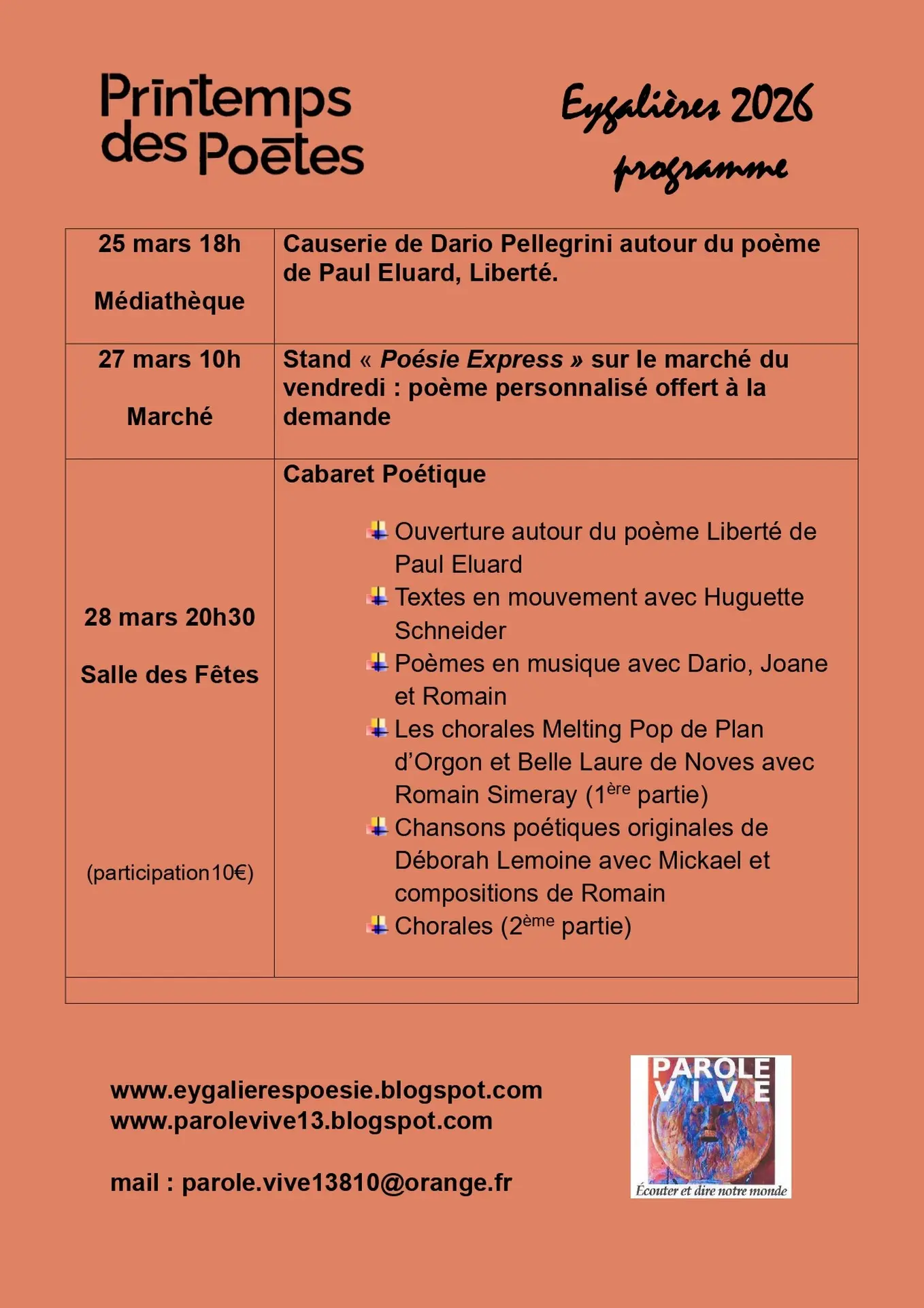 Affiche Programme Le Printemps des Poètes à Eygalières 25.03 au 28.03.26