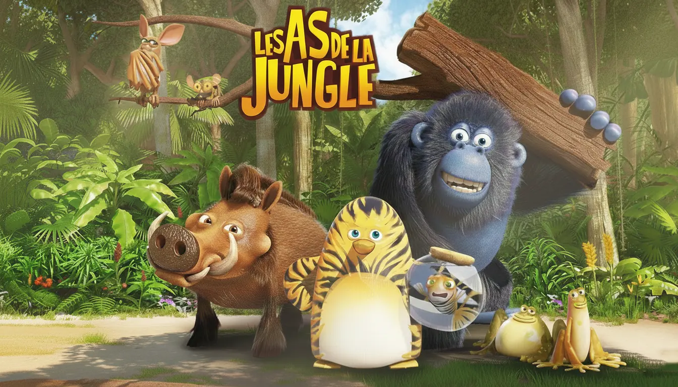 Affiche du film d'animation Les As de la Jungle, montrant un groupe d'animaux colorés et expressifs posant joyeusement dans une jungle luxuriante.